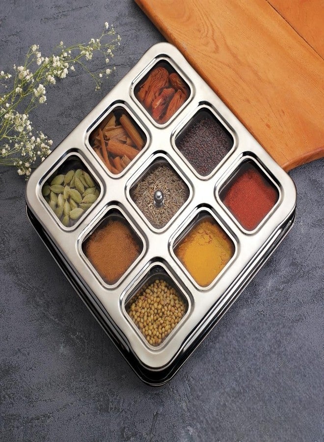 VISAXMI Stainless Steel Masala Box For Kitchen | Spice Box For Kitchen | Masala Dabba Steel | Airtight Masala Dani With 9 Square Bowl & See Through Lid | Square Spice Organiser 1 Spoon,Silver - Image 1